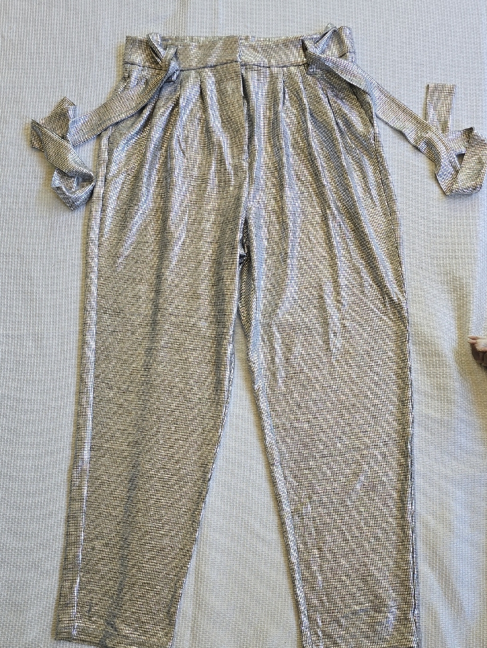 Jennifer Lopez Metallic Silver Tie-Waist Straight Leg Pants